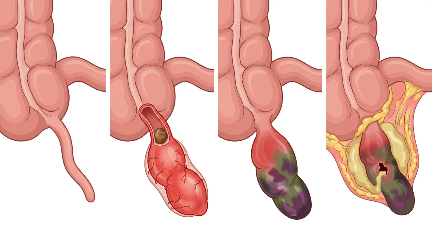 Fyra bilder av cekum med appendix: normal, inflammerad med fekalit, gangränös och perforerad med abscess omgiven av oment.