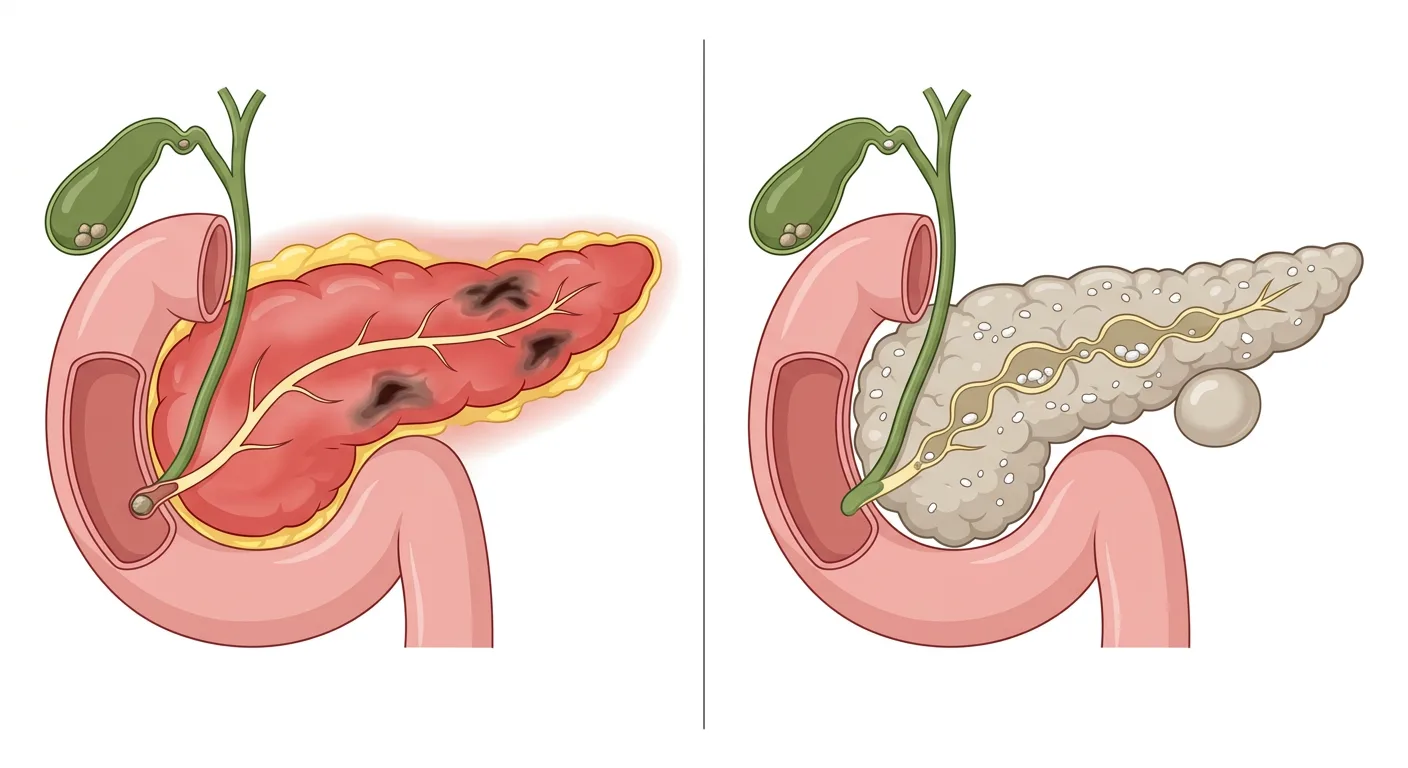 Två bilder av pankreas sida vid sida. Till vänster en svullen, rodnad pankreas med nekrotiska områden, inflammerad omgivande fettvävnad och en gallsten i papillen. Till höger en blek, fibrotisk pankreas med förkalkningar, en vidgad, pärlbandsformad pankreasgång med stenar och en pseudocysta.