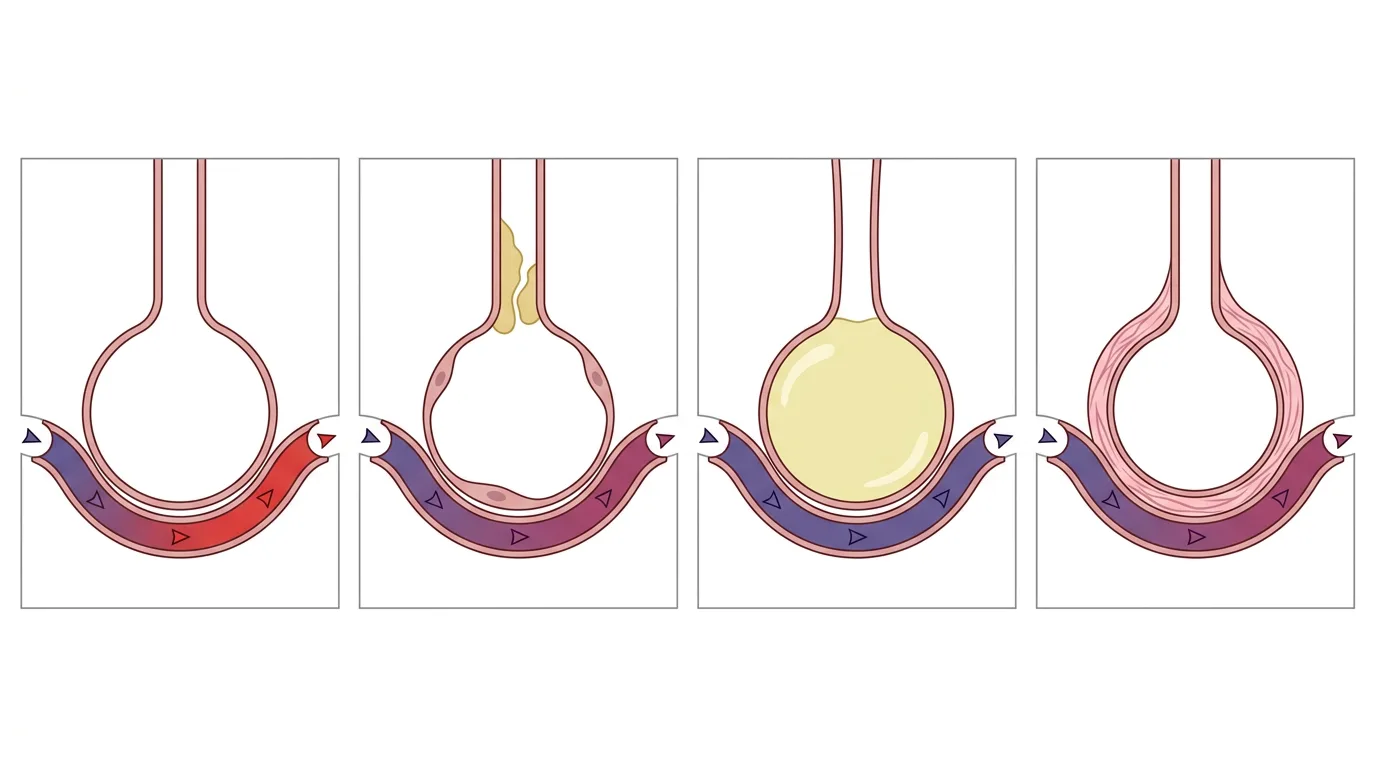 Fyra schematiska alveoler med kapillärer: normal, slemhindrad luftväg, vätskefylld alveol och förtjockad alveolvägg, med blodets färg från blått till rött eller oförändrat.