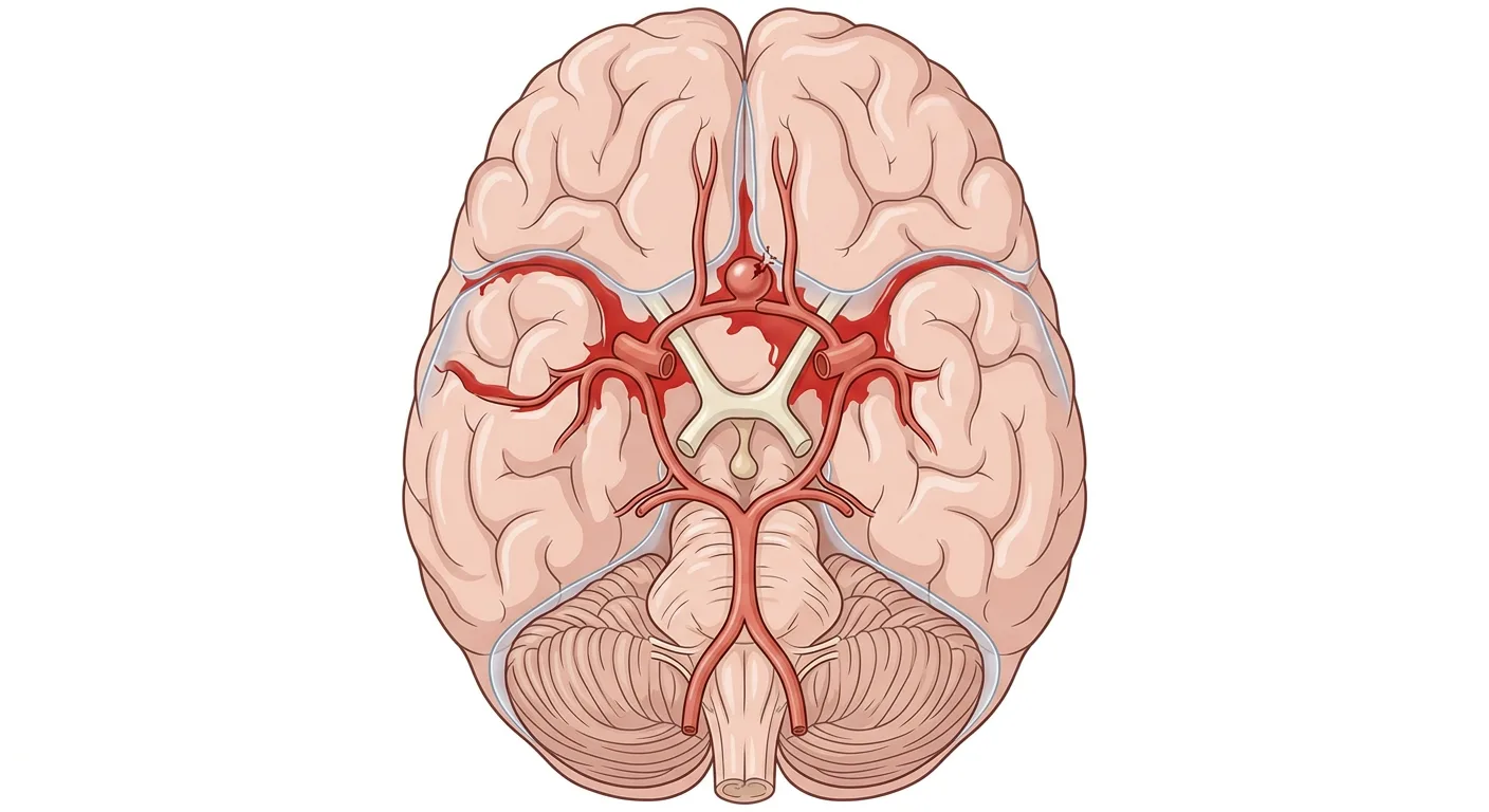 Hjärnans undersida med Willis cirkel och ett brustet säckformat aneurysm på arteria communicans anterior. Blod har spridits i de basala cisternerna och de laterala fissurerna.