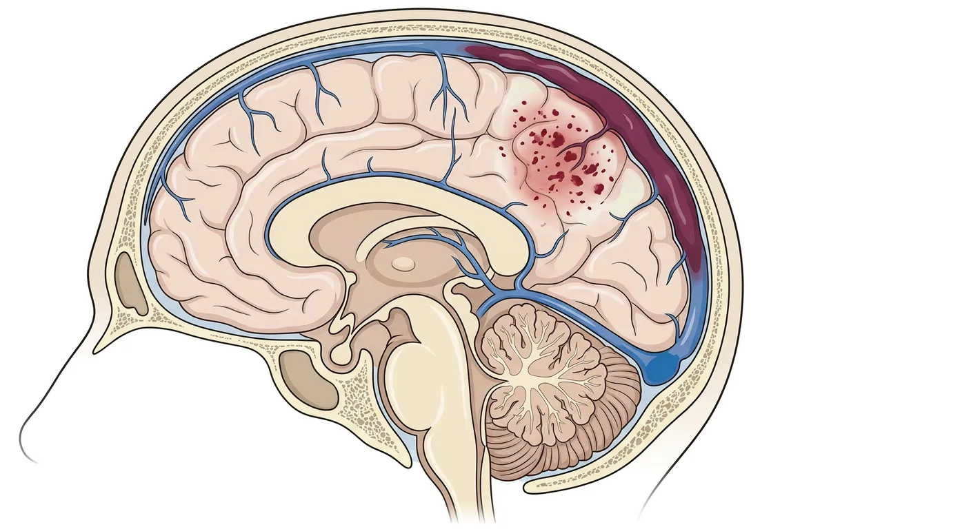 Mediansnitt av huvudet med trombos i bakre delen av sinus sagittalis superior och en angränsande parasagittal hemorragisk venös infarkt.