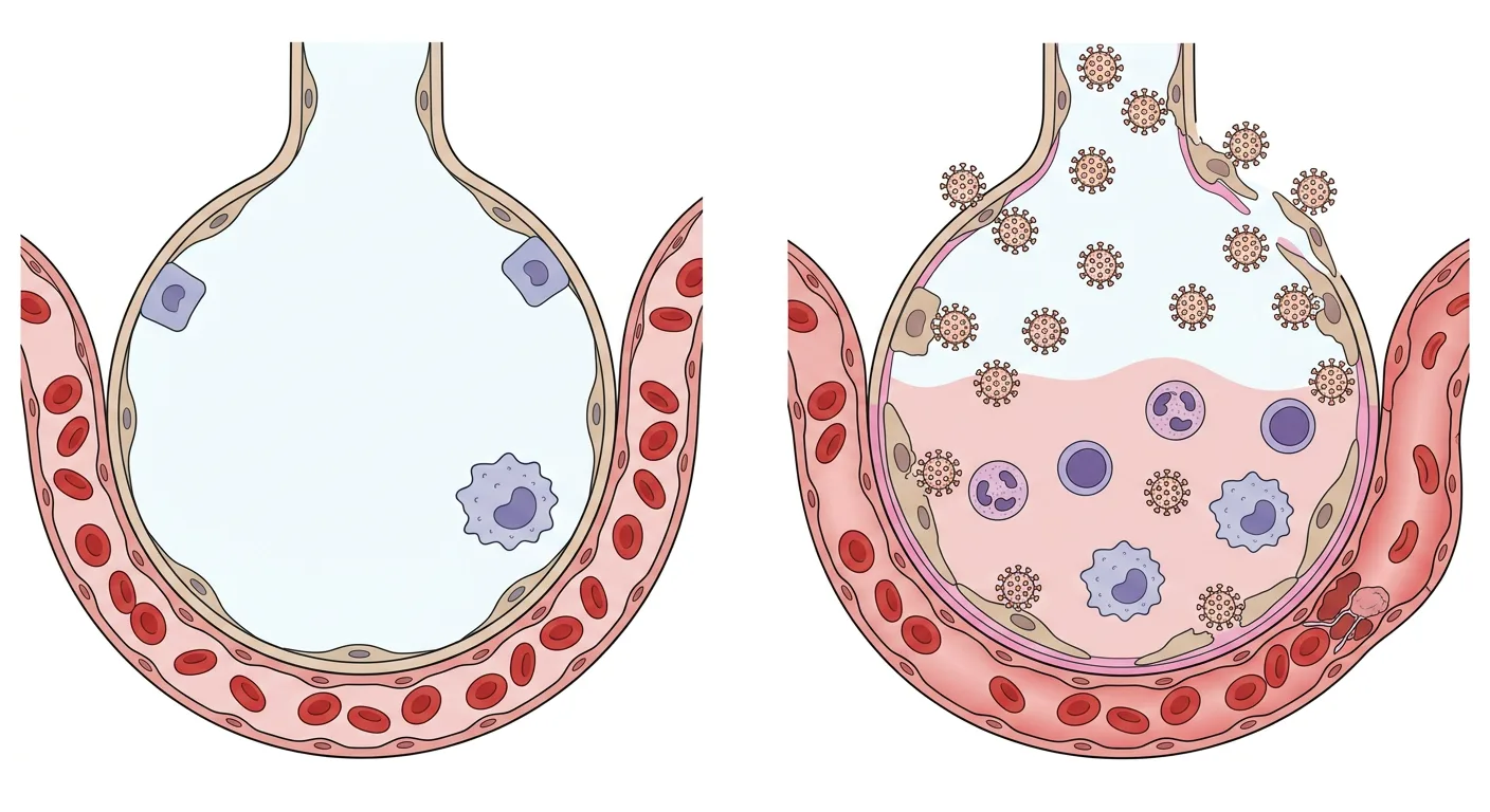 Två alveoler i genomskärning bredvid varandra. Till vänster en frisk, luftfylld alveol med tunn vägg och kapillär. Till höger en skadad alveol med viruspartiklar, avlossade epitelceller, rosa hyalint membran, ödemvätska, inflammatoriska celler och en mikrotrombos i kapillären.