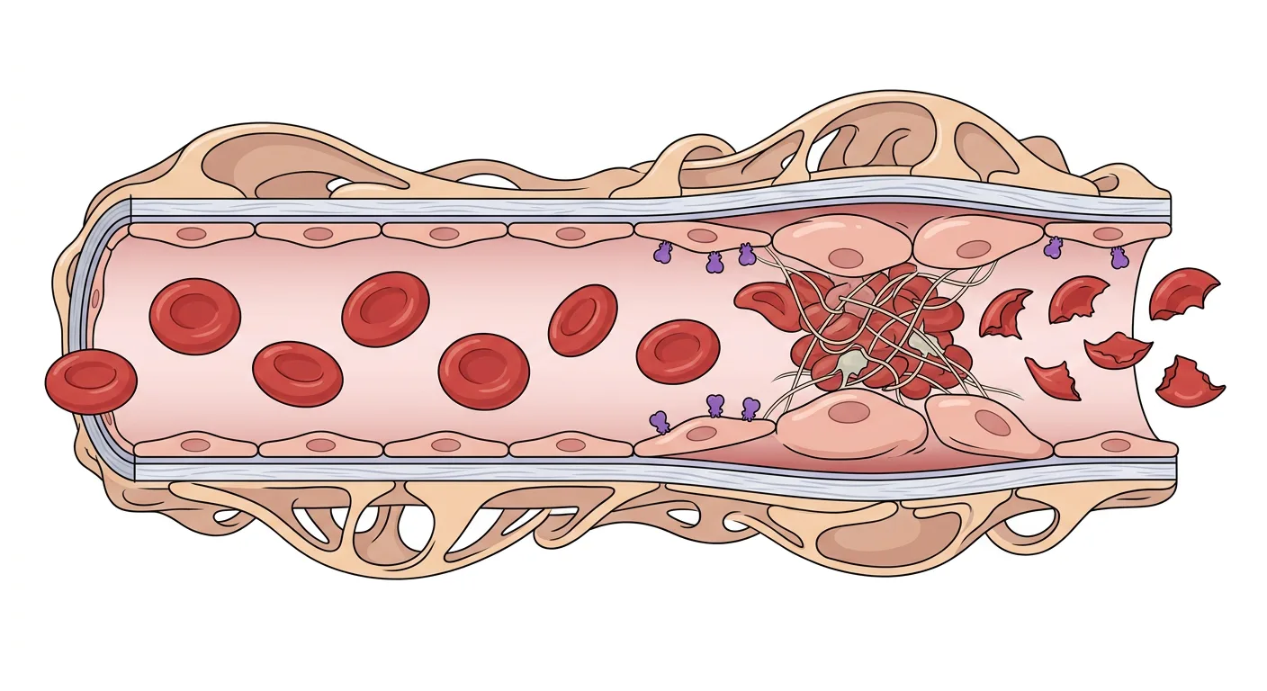 Genomskuren glomerulär kapillär där frisk endotelvägg och intakta erytrocyter övergår i svullet, skadat endotel med bundet toxin, en trombocyt- och fibrinrik mikrotromb och fragmenterade erytrocyter nedströms.
