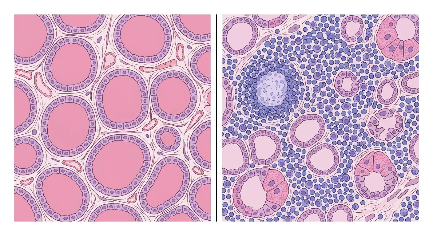 Illustration av normal sköldkörtelvävnad bredvid vävnad vid Hashimotos tyreoidit med tät lymfocytinfiltration och få, små folliklar.