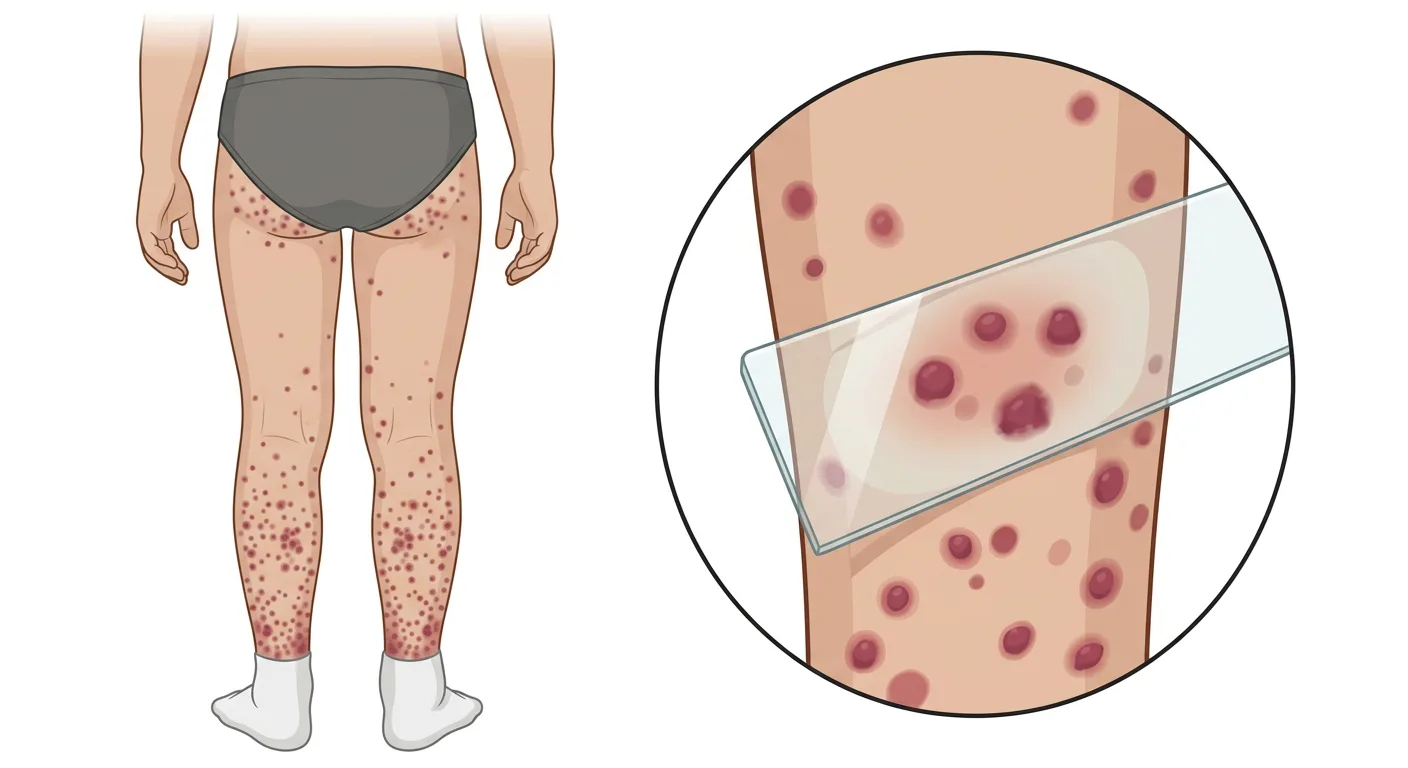Barn sett bakifrån med symmetrisk palpabel purpura på underben och skinkor samt förstorat utsnitt där ett glasspatelprov visar att lesionerna inte bleknar.