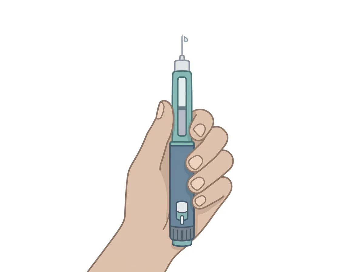 En hand håller en insulinpenna med nålen uppåt och en liten droppe insulin vid nålspetsen.