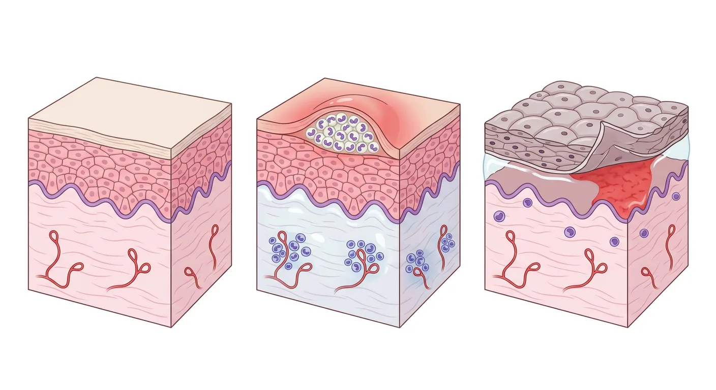 Tre hudblock i genomskärning: normal hud, en subkorneal pustel med neutrofiler och ödematös dermis, samt nekrotisk epidermis som lossnat från dermis.