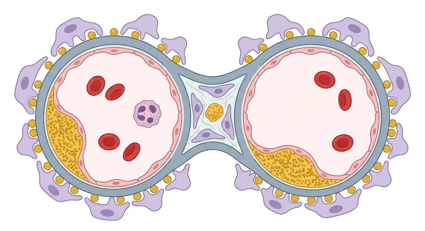 Schematisk tvärsnittsbild av två glomeruluskapillärer och mesangiet med gula immunkomplexdepositioner i mesangiet, mellan endotel och basalmembran samt på basalmembranets utsida.