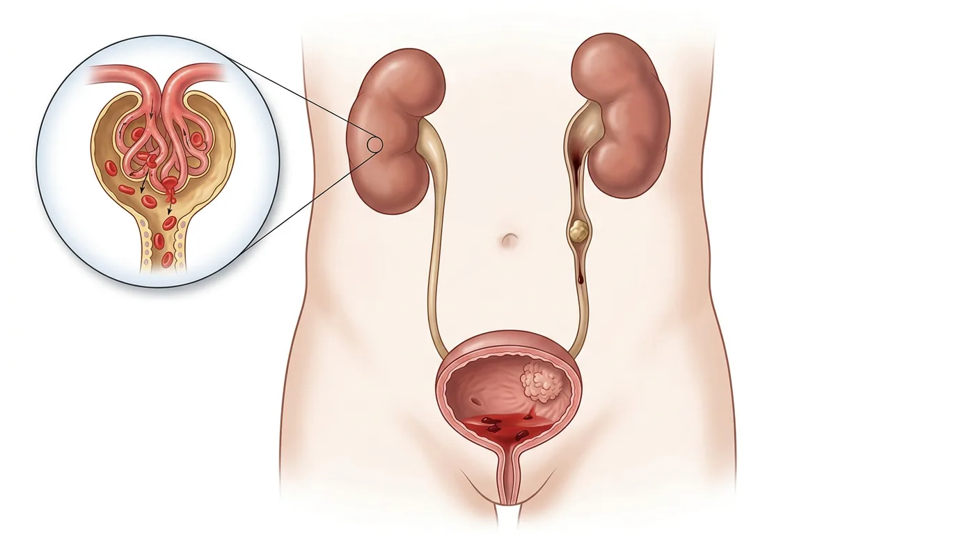 Urinvägarna framifrån med båda njurarna, uretärerna och en öppnad urinblåsa. En förstoring visar en glomerulus som läcker erytrocyter, ett konkrement sitter i ena uretären och en papillär tumör med blod och koagler syns i urinblåsan.