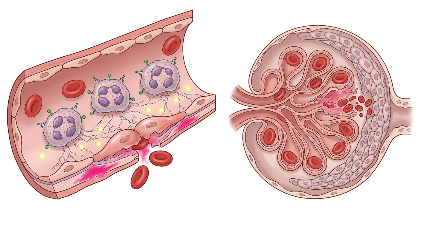 Illustration av ett litet blodkärl där ANCA-bundna neutrofiler skadar endotelet, och intill en glomerulus med segmentell nekros och halvmånebildning.