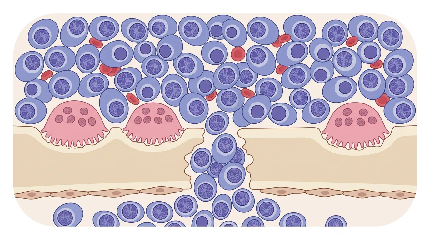 Schematisk vävnadsbild av benmärg full av klonala plasmaceller, flerkärniga osteoklaster som eroderar ett benbalkar och en genomgående lytisk lesion, med glesa platta osteoblaster på benets undersida.