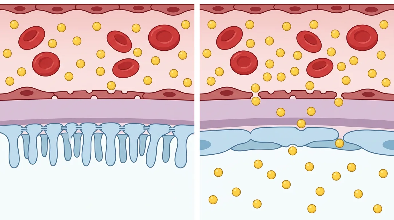Schematisk jämförelse av den glomerulära filtrationsbarriären: till vänster normala podocytfotutskott, till höger utplånade fotutskott med albumin som passerar ut i Bowmans rum.