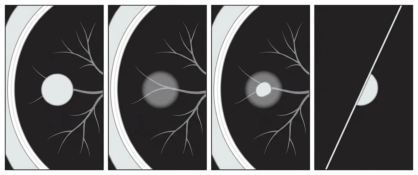 Fyra schematiska datortomografiutsnitt av lunga i lungfönster: solid nodul, ren ground glass-nodul, delsolid nodul och perifissural nodul.