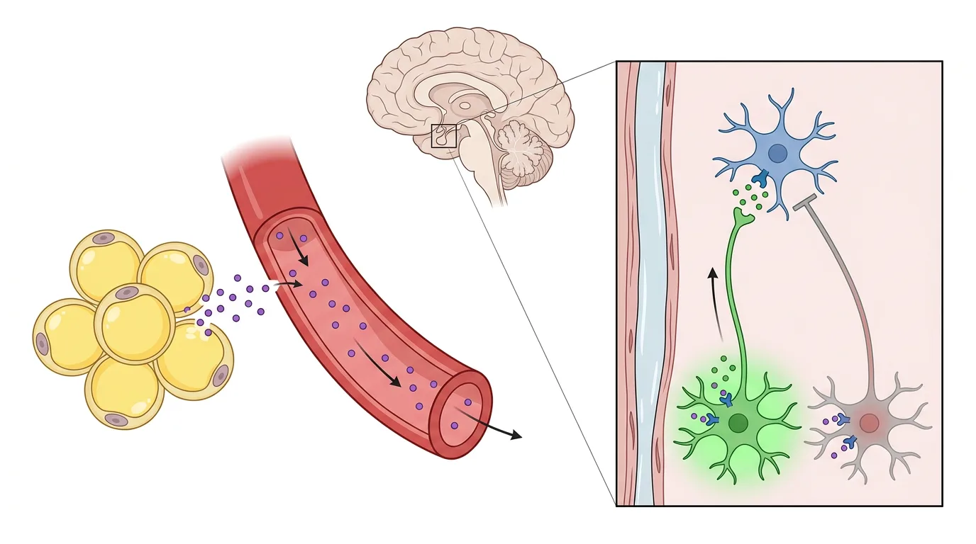 Schematisk bild av hur fettceller frisätter leptin till blodet. Leptinet når hypotalamus och aktiverar ett POMC-neuron och hämmar ett AgRP-neuron, som båda projicerar till ett neuron med MC4R.