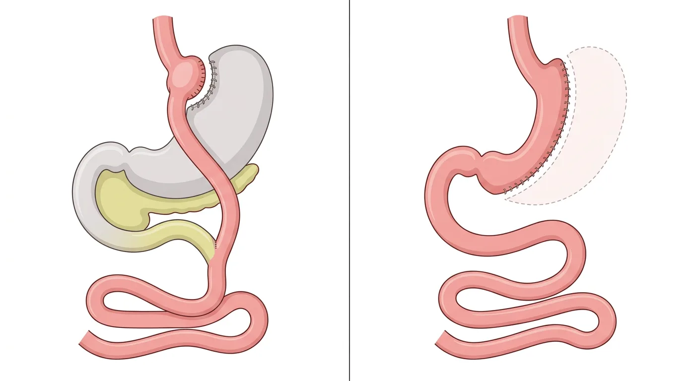 Två panelbilder av mag-tarmkanalen: till vänster anatomin efter Roux-en-Y gastrisk bypass, till höger efter sleeve gastrektomi.