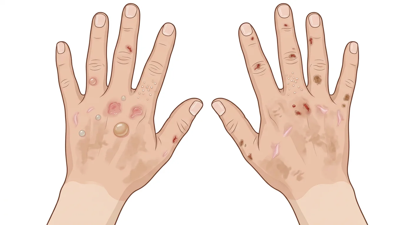 Båda handryggarna med blåsor, erosioner, krustor, milier, ärr och fläckvis hyperpigmentering vid porphyria cutanea tarda.