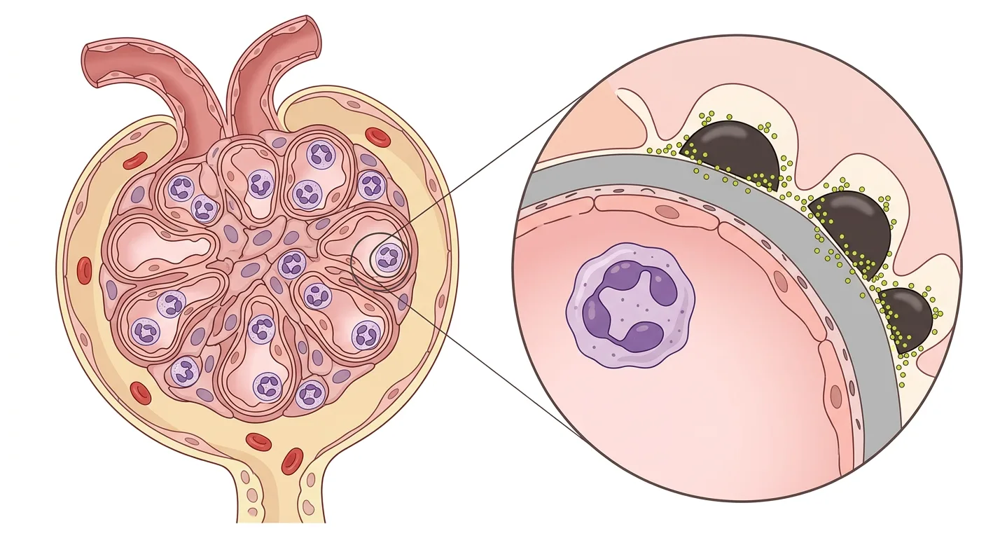 Glomerulus vid poststreptokockglomerulonefrit med hypercellulärt kapillärnystan och neutrofiler, samt förstorad kapillärvägg med subepiteliala immunkomplexdepositioner.