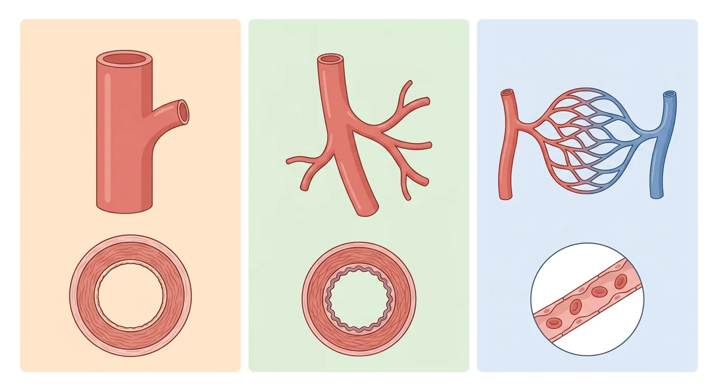 Tre paneler med kärl av minskande storlek: aorta med avgående gren, medelstor muskelartär med förgreningar och ett kapillärnät mellan arteriol och venul, var och en med ett tvärsnitt av kärlväggen.