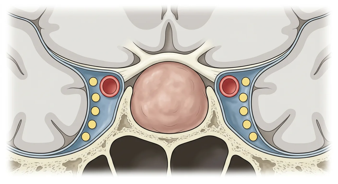 Koronalsnitt genom sella turcica med ett makroprolaktinom som växer suprasellärt och trycker chiasma opticum uppåt, med sinus cavernosus på båda sidor.