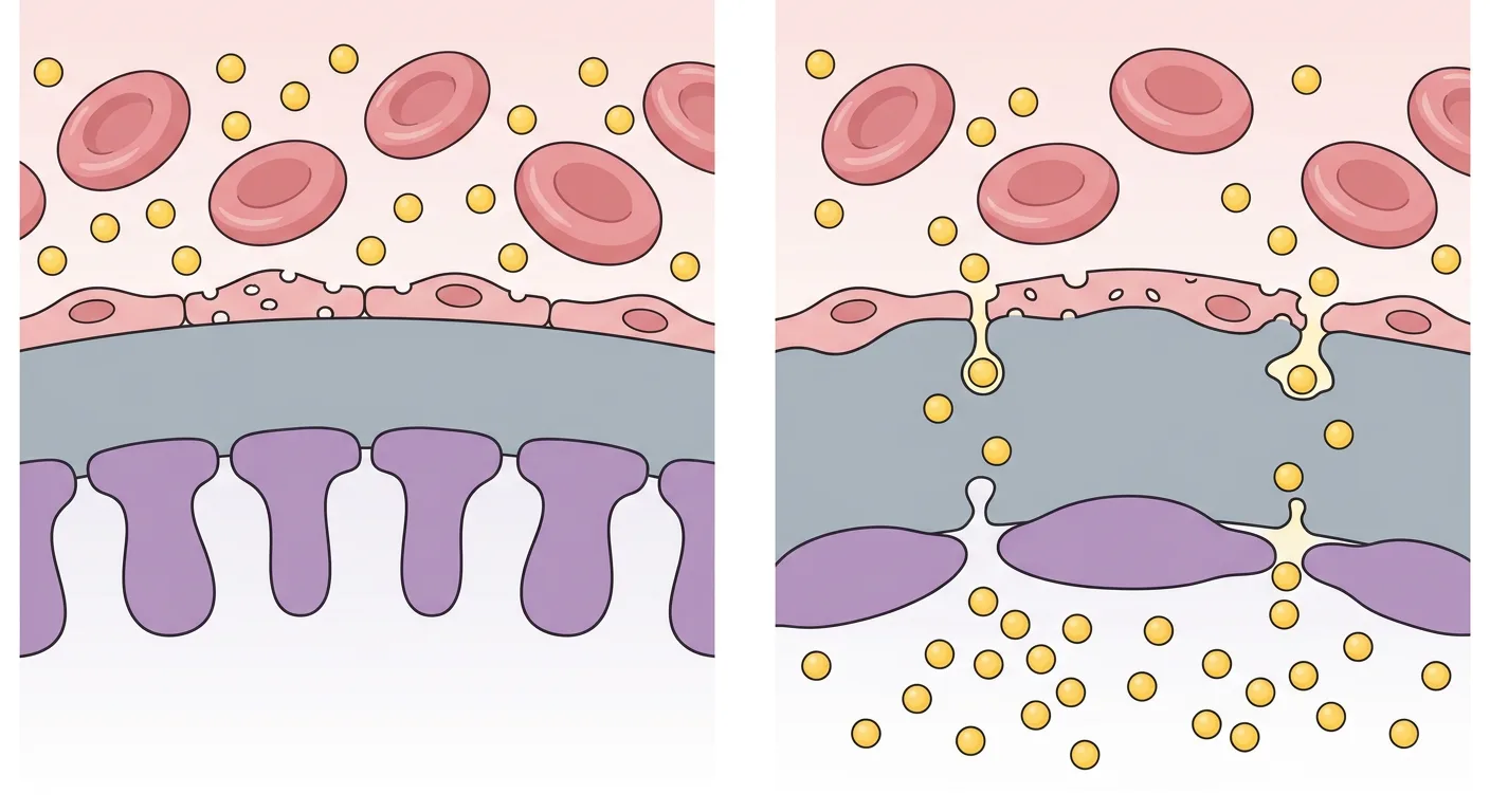 Schematisk jämförelse av en frisk och en skadad glomerulär filtrationsbarriär, där albumin läcker över den skadade barriären.