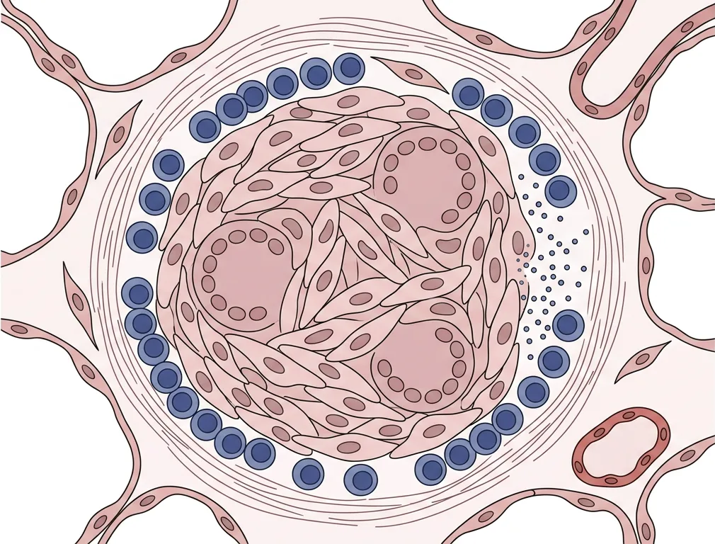 Schematisk tvärsnittsbild av ett sarkoidgranulom i lungans interstitium omgivet av alveoler: tät kärna av epiteloida makrofager med flerkärniga jätteceller, en krans av lymfocyter och tunna bindvävslameller.