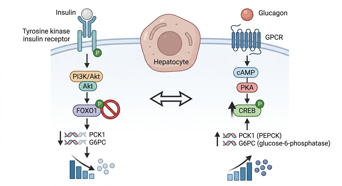 Schematisk hepatocyt. Till vänster binder insulin till insulinreceptorn, en tyrosinkinasreceptor, och aktiverar PI3K/Akt, som fosforylerar och hämmar FOXO1 så att transkriptionen av PCK1 och G6PC och därmed glukosproduktionen minskar. Till höger binder glukagon till en G-proteinkopplad receptor och aktiverar cAMP, PKA och CREB, som ökar transkriptionen av PCK1 (PEPCK) och G6PC (glukos-6-fosfatas) och därmed glukosproduktionen.