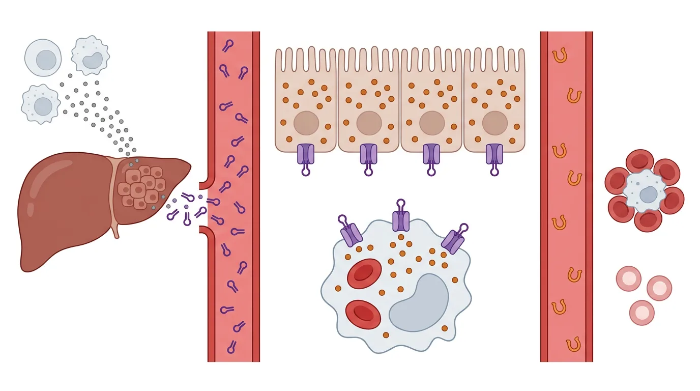 Schematisk bild av inflammationsanemi: immunceller stimulerar levern att frisätta hepcidin, som stänger järnexportkanaler i tarmceller och makrofager. Transferrin i blodet är nästan tomt och benmärgen bildar få, bleka erytrocyter.