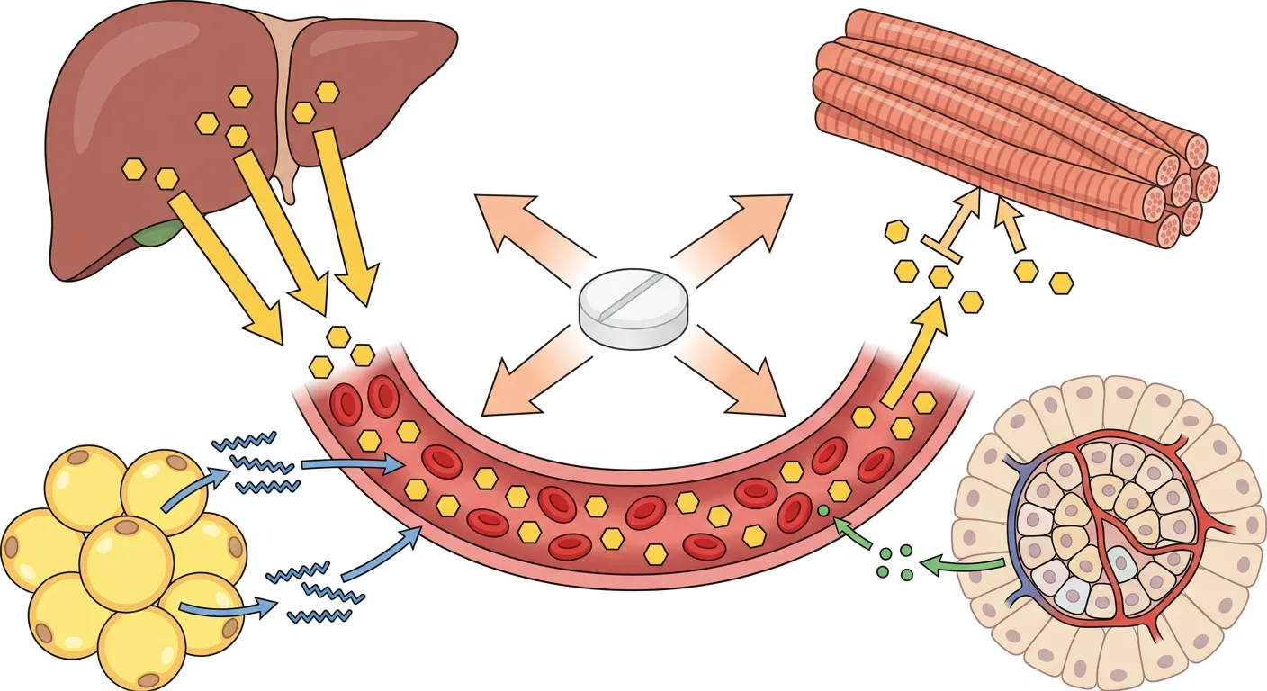 Schematisk bild av hur en glukokortikoidtablett påverkar lever, skelettmuskel, fettväv och Langerhans ö så att blodglukos stiger.