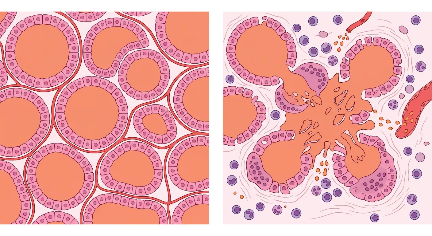 Schematisk histologisk jämförelse mellan normal tyreoideavävnad och tyreoideavävnad vid subakut granulomatös tyreoidit.