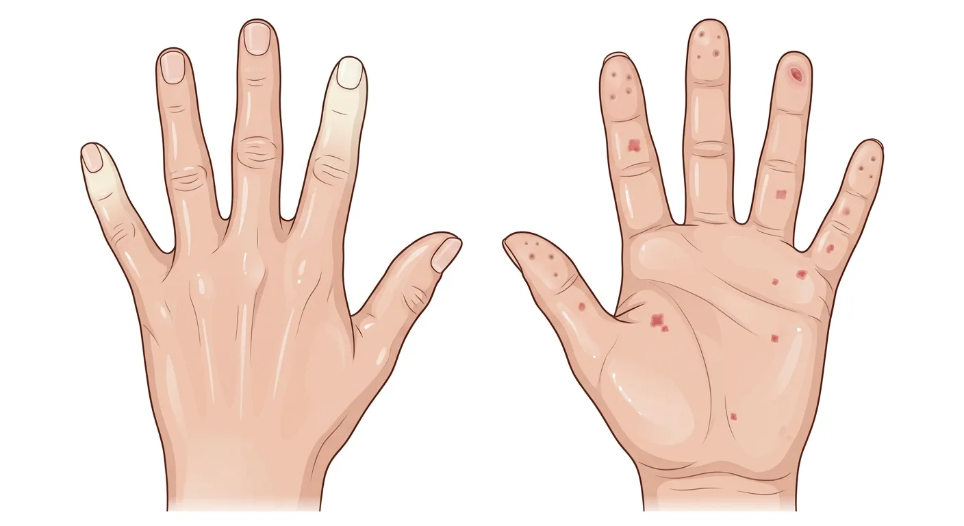 Illustration av en hand vid systemisk skleros, sedd från ovansidan och från handflatan, med fingertoppsärr, ett digitalt sår, telangiektasier och vitt avblekta fingrar.