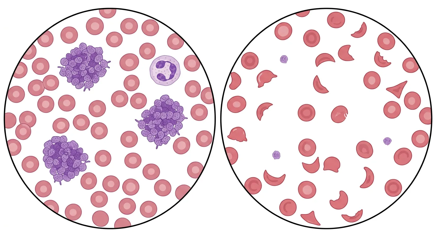 Två mikroskopiska synfält av blodutstryk. Till vänster syns normala erytrocyter, en neutrofil och tre stora klumpar av trombocyter. Till höger syns fragmenterade erytrocyter och enstaka fria trombocyter.