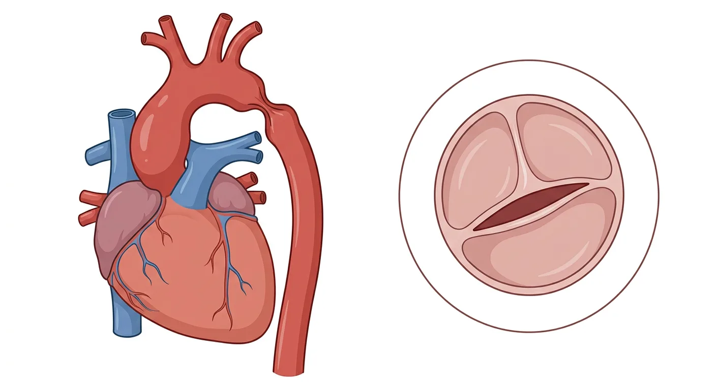 Hjärtat och thorakala aorta framifrån med vidgad aorta ascendens och en avsnörning av aorta descendens strax efter vänster arteria subclavia. Bredvid syns en bikuspid aortaklaff ovanifrån.