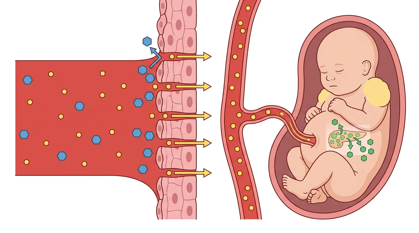 Schematisk bild av maternellt blod med glukos och insulin vid placentabarriären. Glukos passerar till fostrets cirkulation, medan insulin stannar på moderns sida. Fostret är stort och dess pankreas frisätter eget insulin.