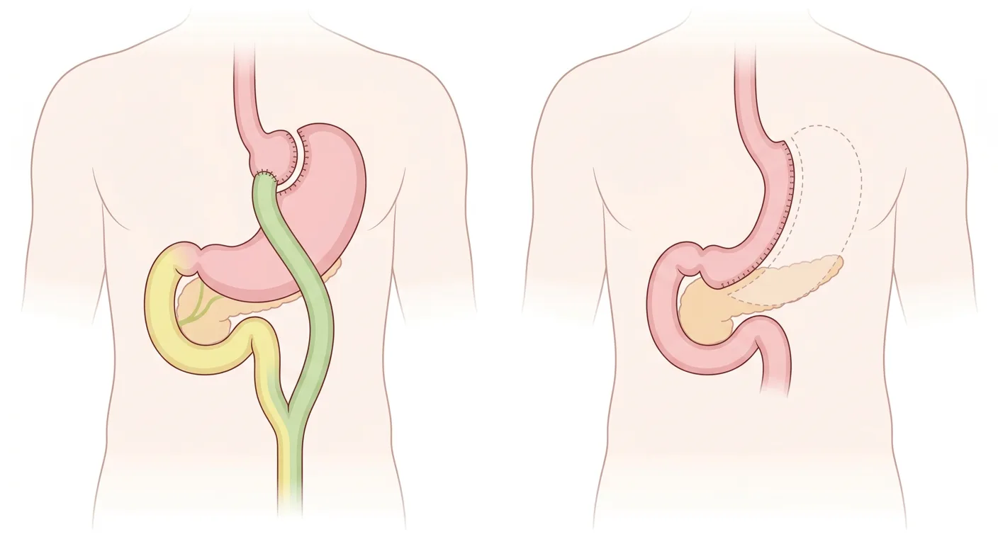 Schematisk anatomi efter Roux en Y gastric bypass till vänster och sleeve gastrektomi till höger, sedd framifrån.