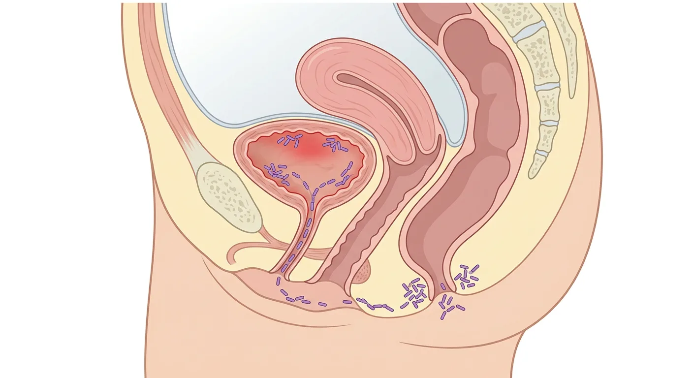 Sagittalsnitt av kvinnligt bäcken med tarmbakterier som vandrar från anus över perineum till uretramynningen och upp i en inflammerad urinblåsa.