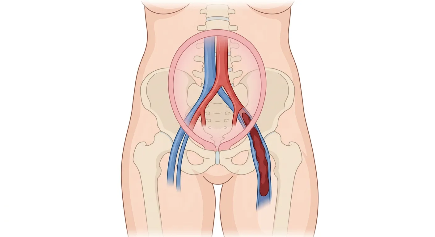 Gravid livmoder framifrån som ligger över vena cava inferior, aorta och bäckenkärlen, med en lång tromb i vänster v. iliaca externa och v. femoralis.