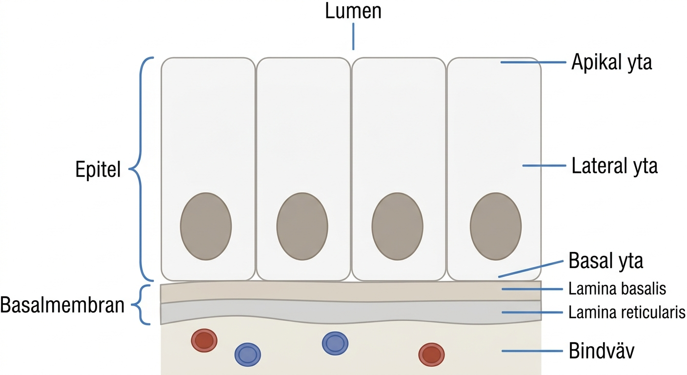 Schematisk bild av epitel, basalmembran och underliggande bindväv