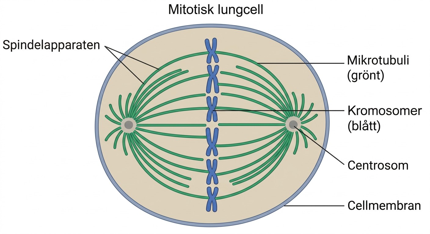 Fluorescensfärgad cell i mitos med grönt markerade spindelmikrotubuli.