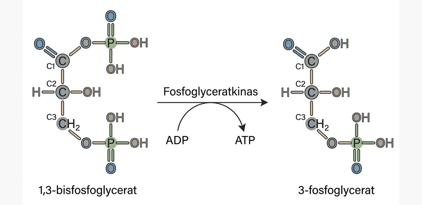 Fosfoglyceratkinasreaktionen från 1,3-bisfosfoglycerat till 3-fosfoglycerat med samtidig ATP-bildning