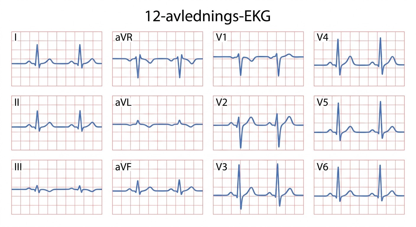 Kliniskt tolvanaligt EKG med extremitets- och bröstavledningar.