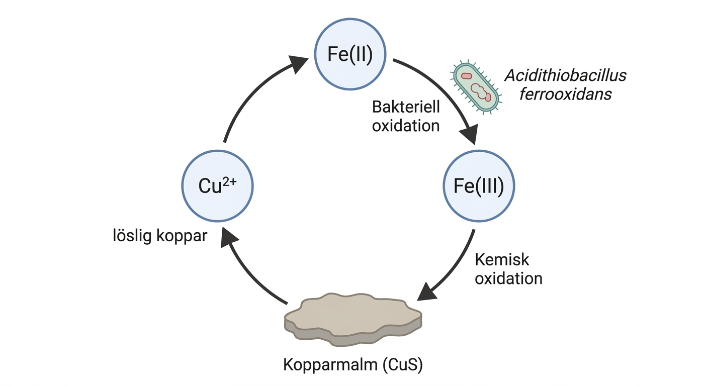 Schematisk framställning av bakteriellt driven biolakning av kopparmalm