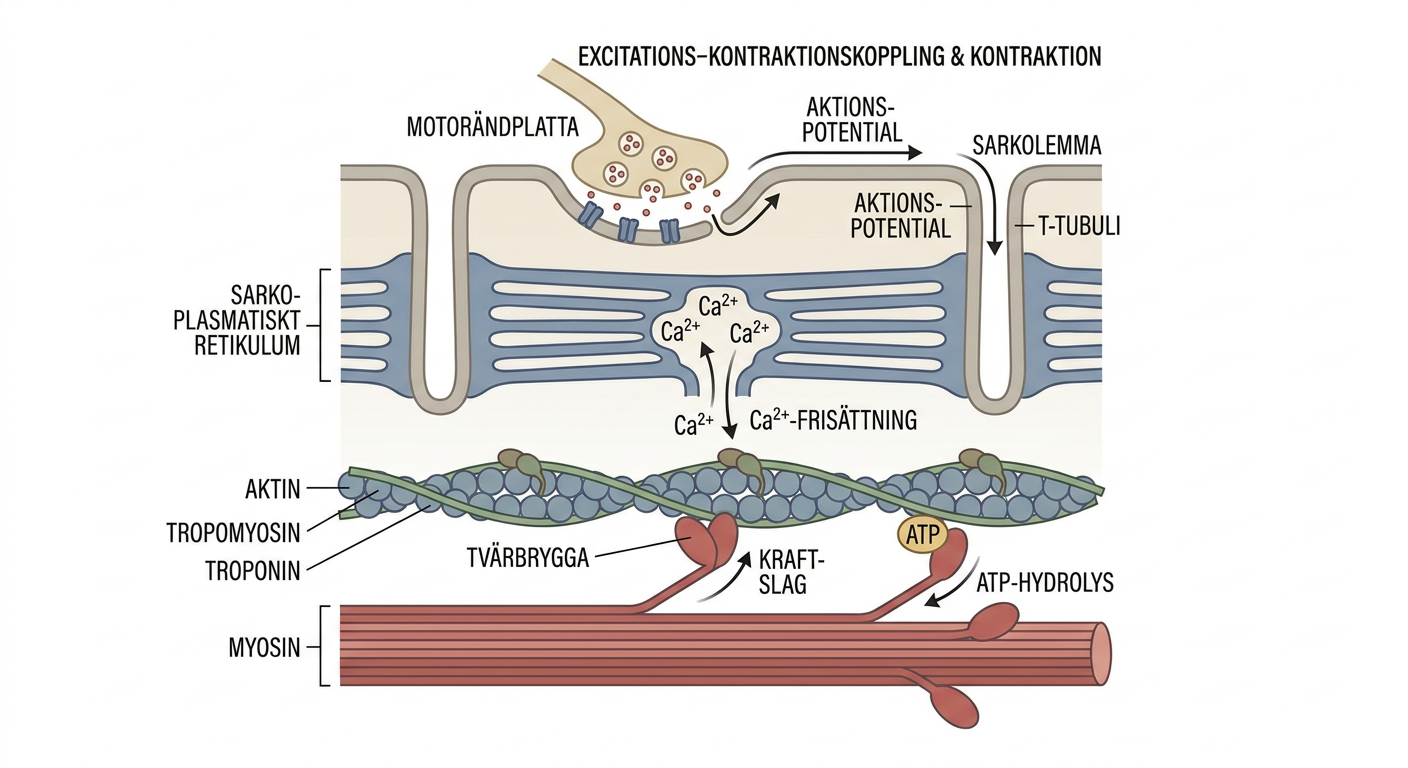Schematisk framställning av excitations–kontraktionskoppling och kontraktion i skelettmuskel
