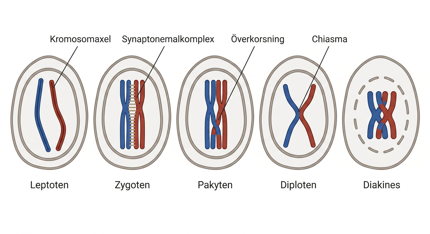 Faserna i meiotisk profas I med homolog synaps och rekombination