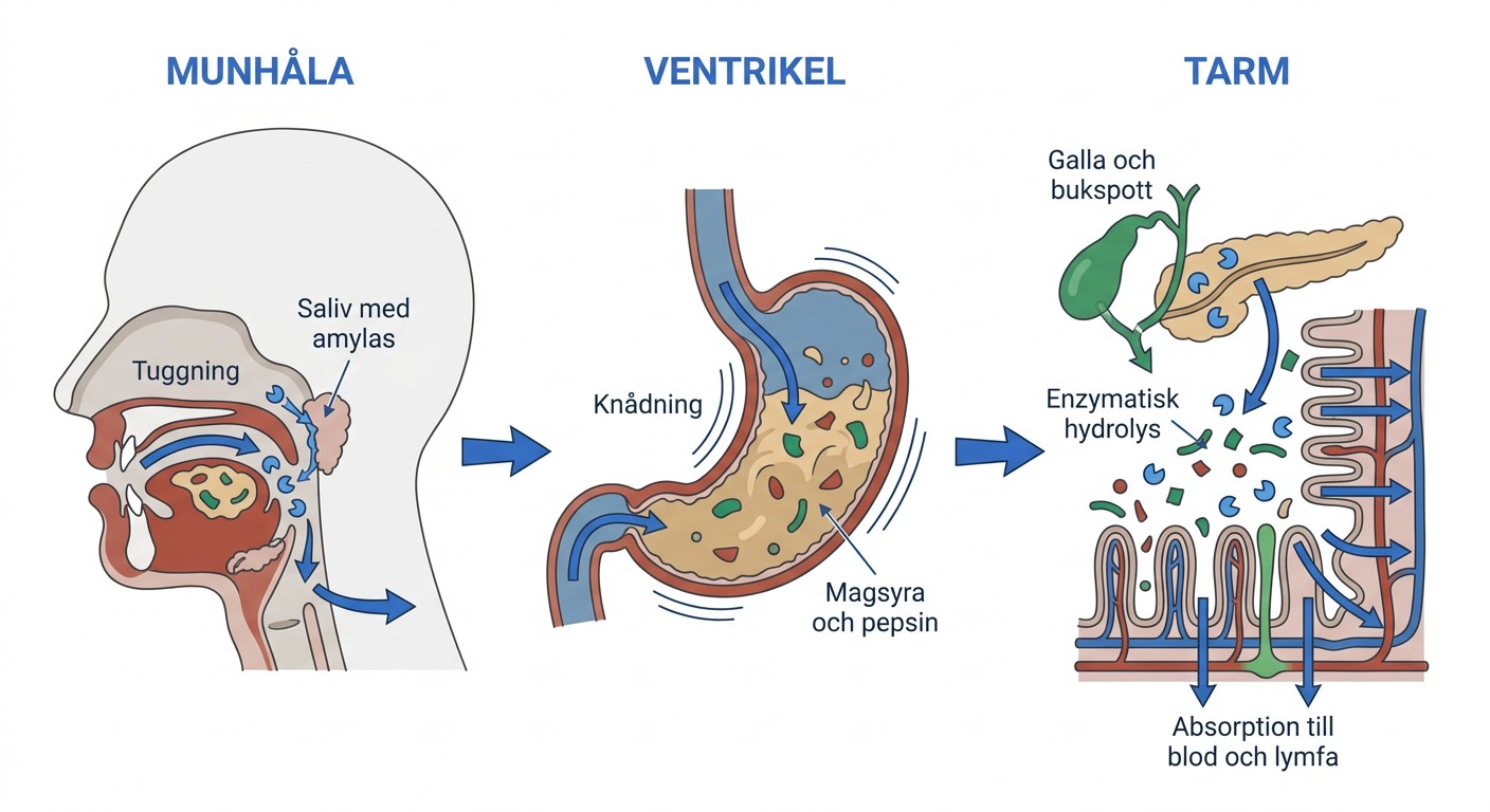 Mekanisk och kemisk digestion i munhåla, ventrikel och tarm