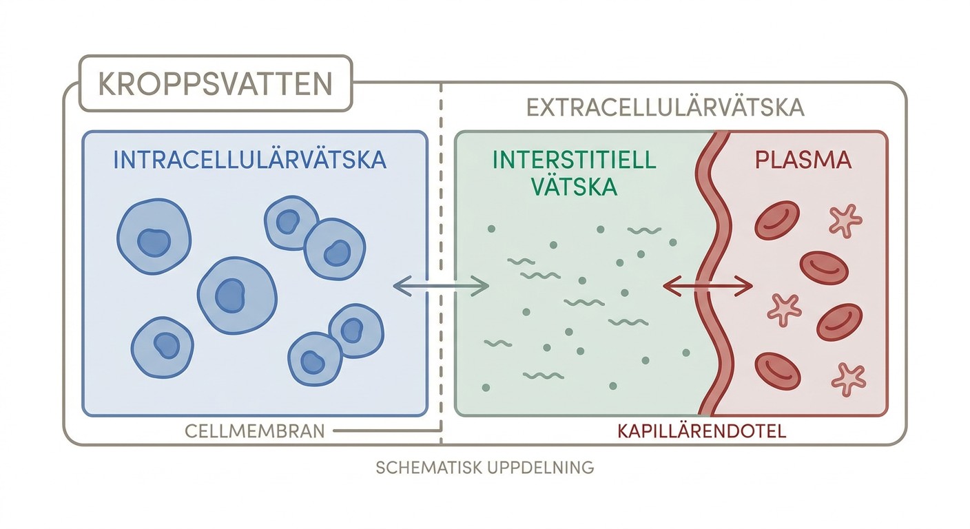 Schematisk uppdelning av kroppsvattnet i intracellulärvätska, interstitiell vätska och plasma