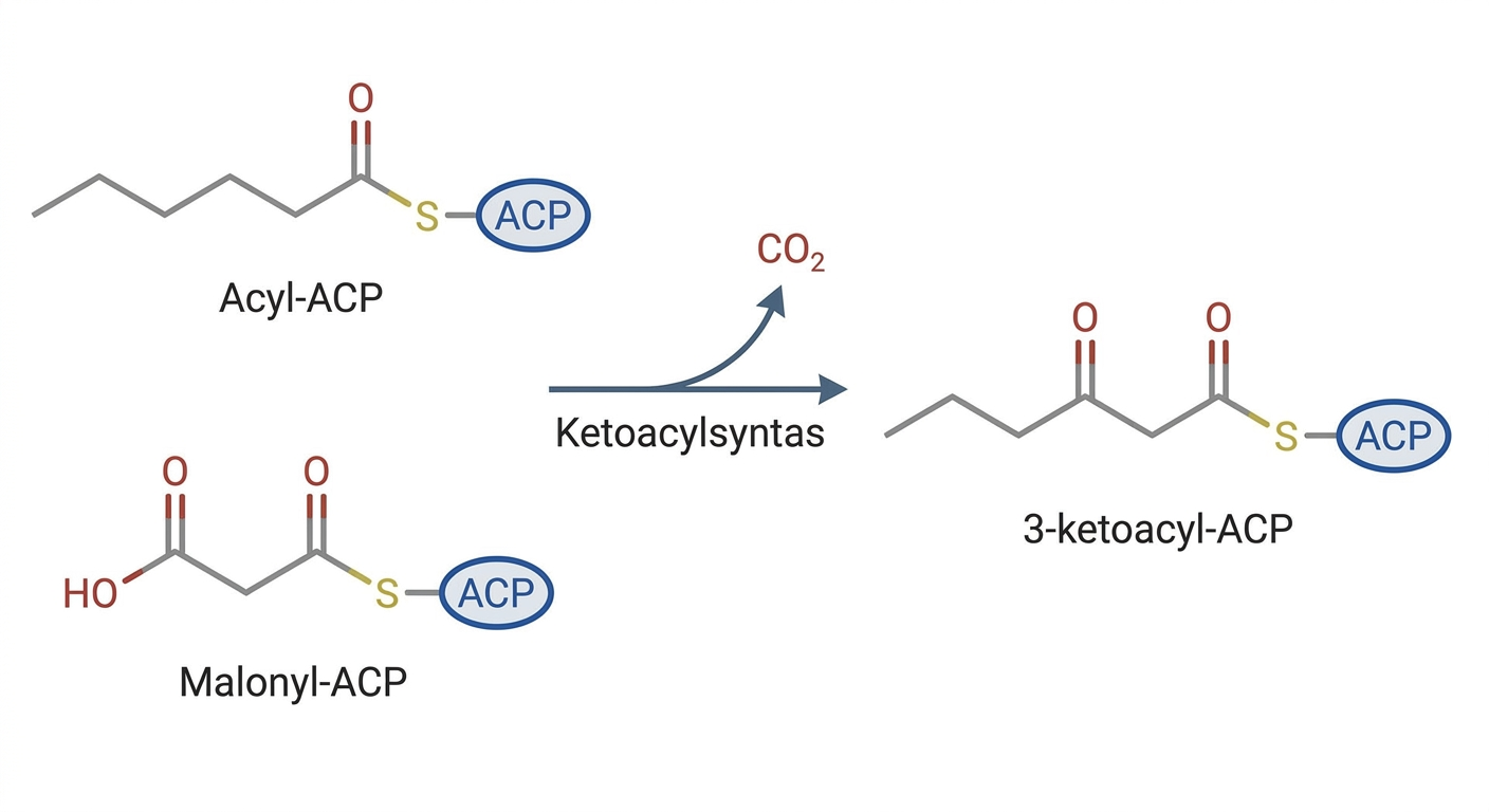 Dekarboxylerande kondensation mellan en acylgrupp och malonyl-ACP