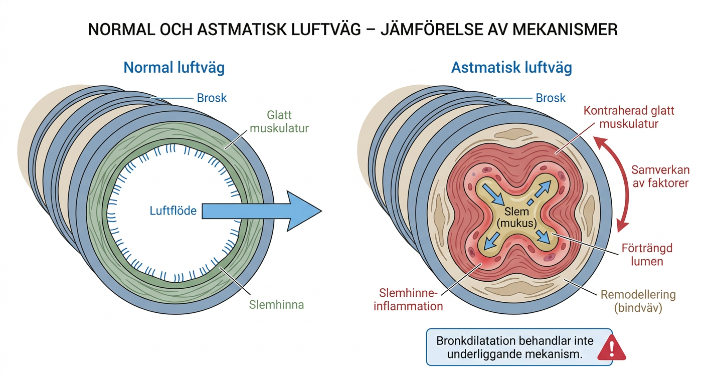 Schematisk bild av normal luftväg och astmatisk luftväg med bronkförträngning, inflammation, slem och remodellering