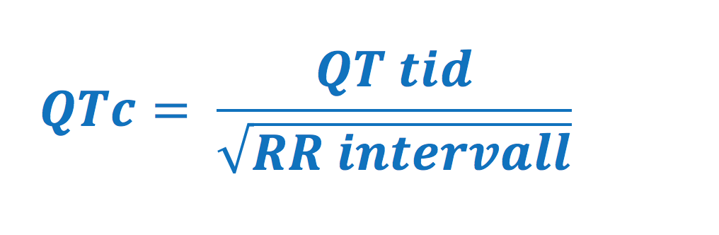 Bazetts formel: QTc är lika med QT-tid delat med kvadratroten ur RR-intervallet