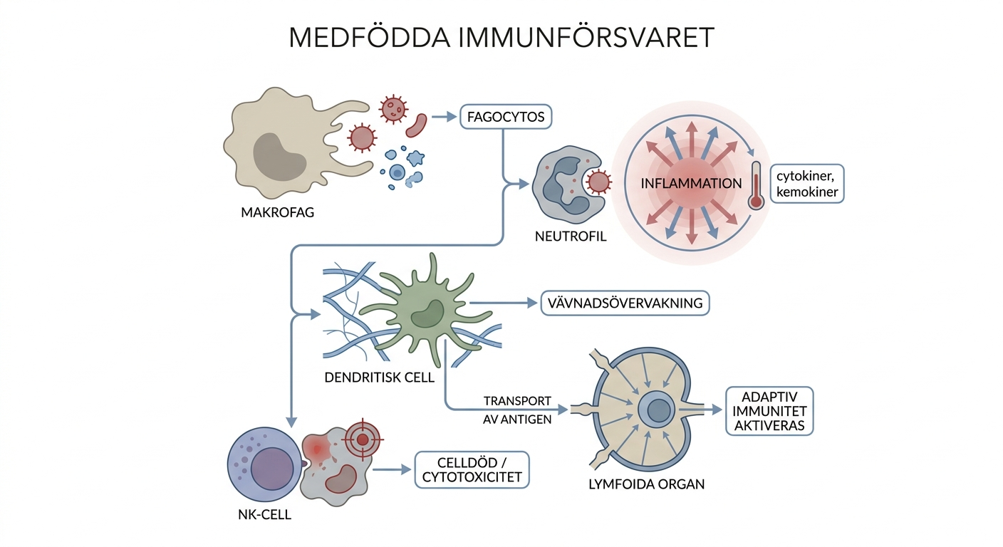 Schematisk översikt över det medfödda immunförsvarets celler och funktioner.