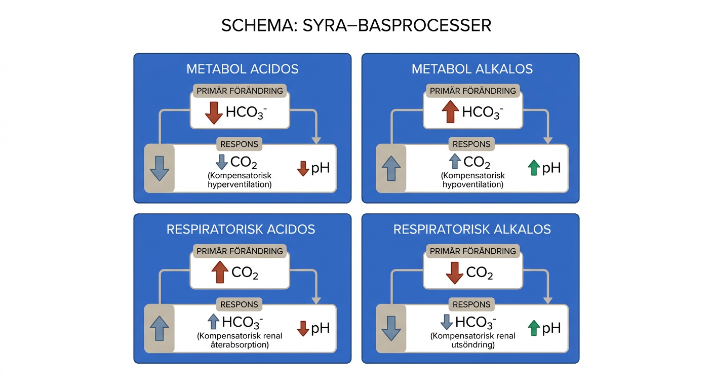 Schema över metabol och respiratorisk acidos respektive alkalos